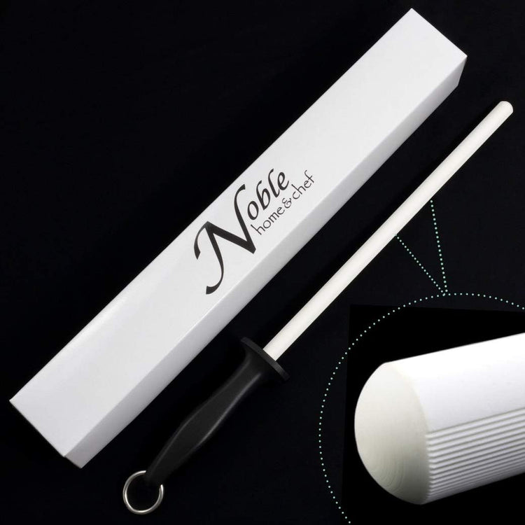 Professional 11.5 Inch Ceramic Honing Rod Has 2 Grit Options, a Firm-Grip Handle, Hanging Ring, and Japanese Ceramic. Noble Home & Chef Sharpening Rods are Perfect for Chefs! (White, 1000/2000 Grit)