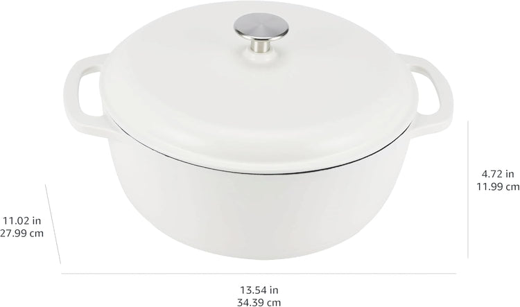 Amazon Basics Cast Iron Dutch Oven Pot with Lid, Enameled, Round, Dual Handles, Heavy-Duty, Medium, 6-Quart, Matte White - Nestoria