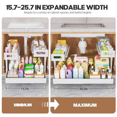 1 Pack-16"-26"W Expandable Under Sink Organizer With Upgrade Ball-Bearing Slide,2-Tier Pull Out Under Cabinet Organizer Height Adjustable,Not Suitable For Cabinets With Partitions In The Middle (1 Pack-16"-26"W / White)