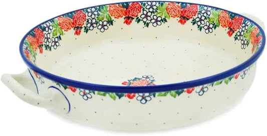 Polmedia Polish Pottery Round Baker with Handles 10-inch - Spring's Arrival Pattern Handmade in Boleslawiec Poland by Ceramika Artystyczna + Certificate of Authenticity