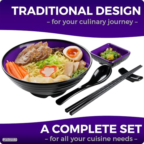 Unbreakable Ramen Bowl Set with Chopsticks and Spoon (2 Bowl Set / Purple & Black)