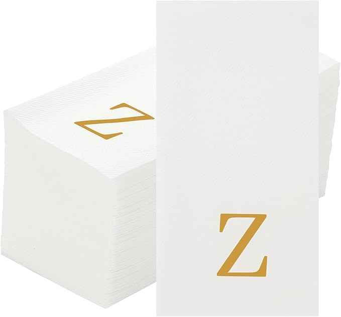 Luxenap 15.8 X 7.9 Inch Linen-Feel Guest Towels, 50 Lettered Hand Towels - Gold Letter 'Z', Sans Serif Font, White Paper Dinner Napkins, airlaid, For Restrooms And Tables - Restaurantware