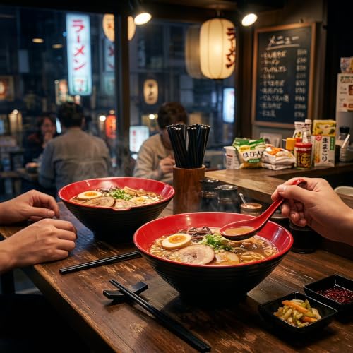 Unbreakable Melamine Ramen Bowl Set （4 piece set） (Red-Black / Set-4)