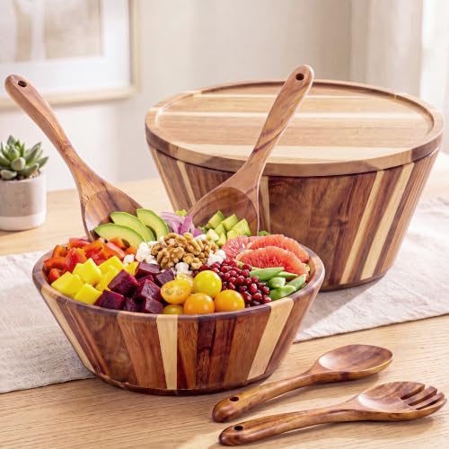2 Sets 10" 12" Large Wooden Salad Bowls Set Acacia Wooden Mixing Serving Bowls Decorative with Serving Utensils and Cover for Fruits Salad Pasta Kitchen Party