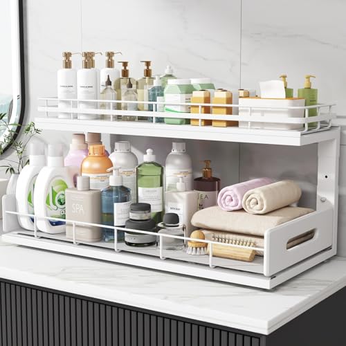 Under Sink Organizer Upgrade To Professional Rails (White / 2 Pack-21"Dx12.8"-16.9"H)