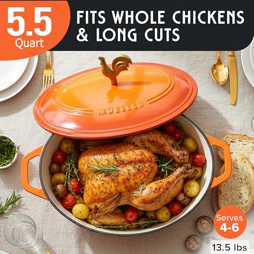 5.5 Quart Enameled Cast Iron Oval Dutch Oven w Rooster Knob & Cotton Potholders
