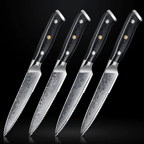 Senken 4 Piece Damascus Steak Knife Set with Full (4 Count)