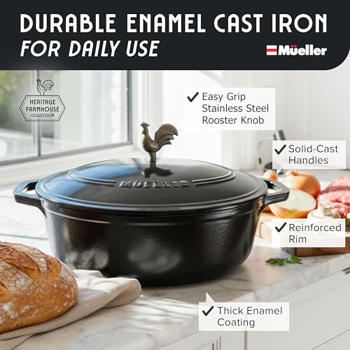 5.5 Quart Enameled Cast Iron Oval Dutch Oven with Rooster Knob & Cotton Potholders