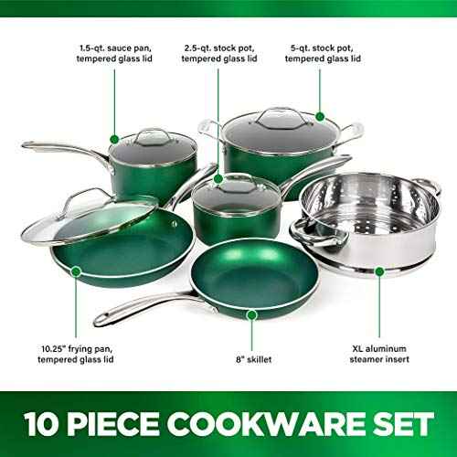 Diamond Granite Stone Classic Emerald Pots and Pans Set with Ultra Nonstick Durable Mineral & Diamond Tripple Coated Surface
