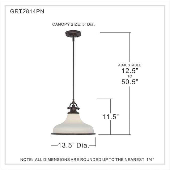 Quoizel Grant 13.5" Pendant Light, Palladian Bronze with Opal Etched Glass, 13"–51" Adjustable Height for Kitchen Island or Table
