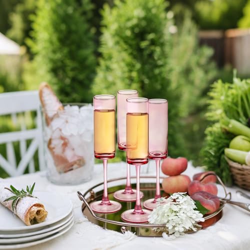 24 Pieces Pink Champagne Flutes 6 OZ Straight Sided Wine Glasses Champagne Long Stem Drinking Colored Glasses (24 Count)