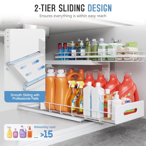 Under Sink Organizer Upgrade To Professional Rails (White / 2 Pack-21"Dx12.8"-16.9"H)
