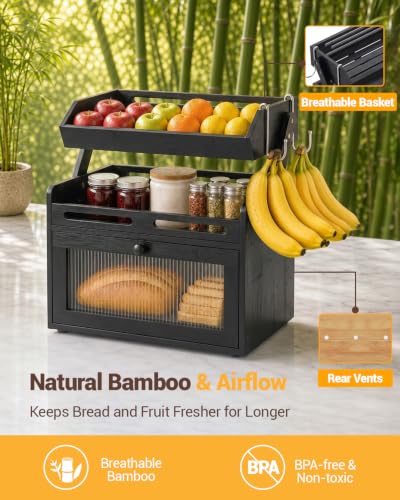 Bread Box for Kitchen Countertop (Black)