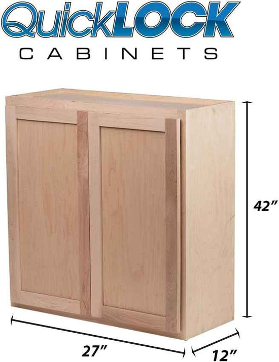 Quicklock RTA (Ready-to-Assemble) 42" Tall Wall Kitchen Cabinets - Shaker Style | 100% Hardwood | Made in America | Soft Close Hardware (12" D x 27" W x 42" H, Raw Maple)