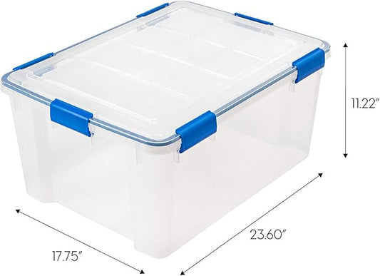 IRIS USA 60 Quart WEATHERPRO Plastic Storage Box with Durable Lid and Seal and Secure Latching Buckles, 3 Pack, Weathertight, Keep Pest Dust and Moisture Out, for Oversized Bulky Items, Clear/Blue