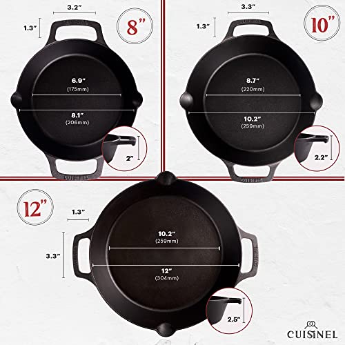 Cast Iron Skillet Set (Dual Handle Skillet + Glass Lid / 8"+10"+12")