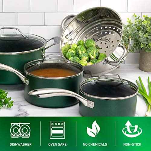 Diamond Granite Stone Classic Emerald Pots and Pans Set with Ultra Nonstick Durable Mineral & Diamond Tripple Coated Surface