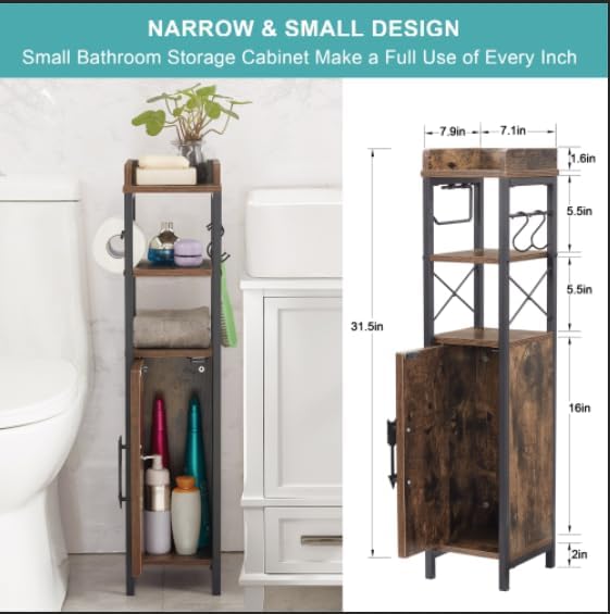VECELO Slim Toilet Paper Holder, Small Cabinet with Door & 2 Shelves Fenced Top, Bathroom Narrow Storage Organizer for Restroom Bathroom Tiny Space, Rustic Brown