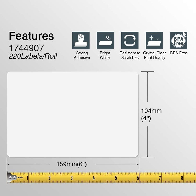 BETCKEY - Compatible DYMO 1744907 (4" x 6") Shipping Labels, Perforated, Compatible with DYMO Labelwriter 4XL Rollo & Zebra, NOT Fit 5XL [10 Rolls/2200 Labels]