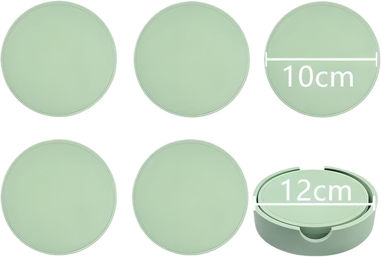 5-Piece Silicone Coasters Set with Holder - 3.9“ Non-Slip & Anti-Overflow Design for Hot/Cold Drinks | Thickened Kitchen & Living Room Decor, Housewarming Gifts for Men (Coffee, Beer, All Cup Types)