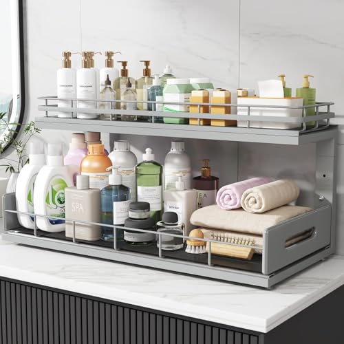 Under Sink Organizer Upgrade To Professional Rails (Gun Gray / 2 Pack-21"Dx12.8"-16.9"H)