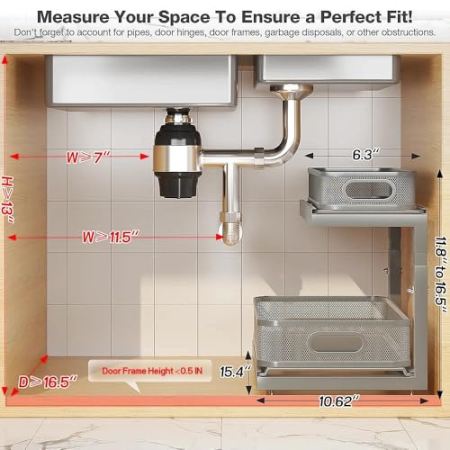 2 Pack Under Sink Storage Organizer with 2 (Gun Gray / 2 Pack-15.4"Dx11.8"-16.5"H)