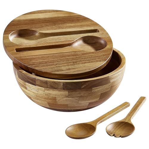 Salad Bowls Wood Salad Bowl Set with Lid Acacia Wood Serving Bowl for Fruits or Salads 10.5" Large Serving Bowl with Serving Utensils (10.5in wood salad bowl)
