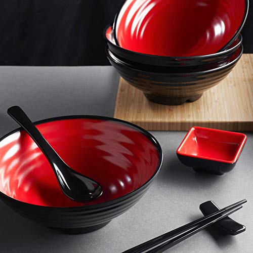 Unbreakable Ramen Bowl Set with Chopsticks and Spoon (2 Bowl Set / Red & Black)