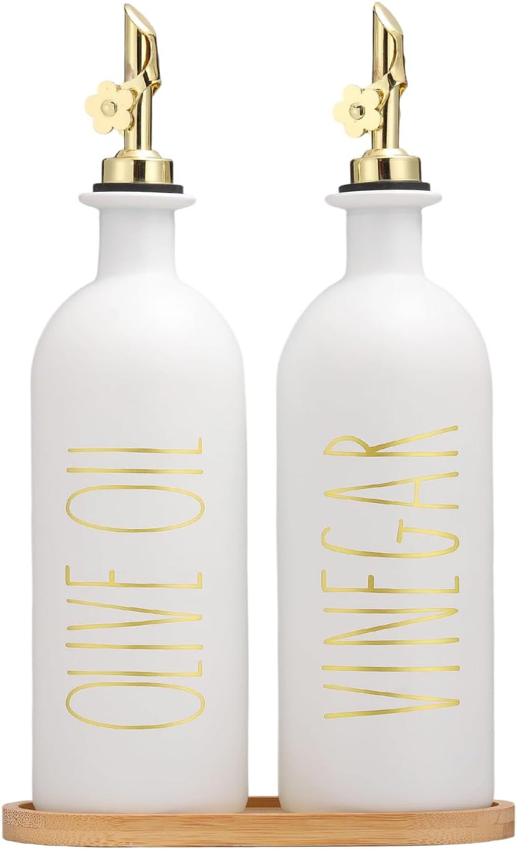 HOMCDALY 16oz Olive Oil Dispenser Bottles for Kitchen, Gold Oil&Vinegar Dispenser Set, Glass Oil Dispenser for Kitchen with Bamboo Tray | Set of 2 (16oz-P-Gold)