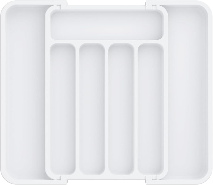 Aujen Silverware Organizer - Expandable Kitchen Drawer Organizer, Adjustable Utensil Organizer, Cutlery Tray for Forks, Knives, Multipurpose Kitchen Organizers and Storage Solution, White, Medium