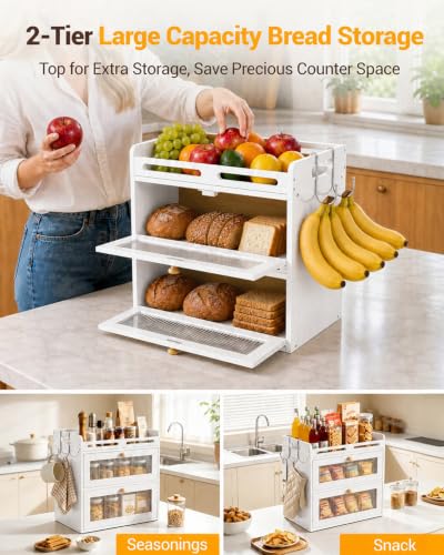 Bread Box for Kitchen Countertop (White / 2-Tier)