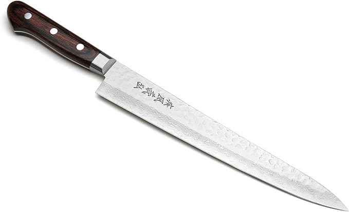 Yoshihiro VG10 16 Layer Hammered Damascus Stainless Steel Sujihiki Slicer Chefs Knife (9.5'' (240mm))