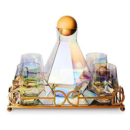 Iridescent Whiskey Decanter Diamond shaped With 4 Diamond Glasses & Mirrored Gold Tray Holder
