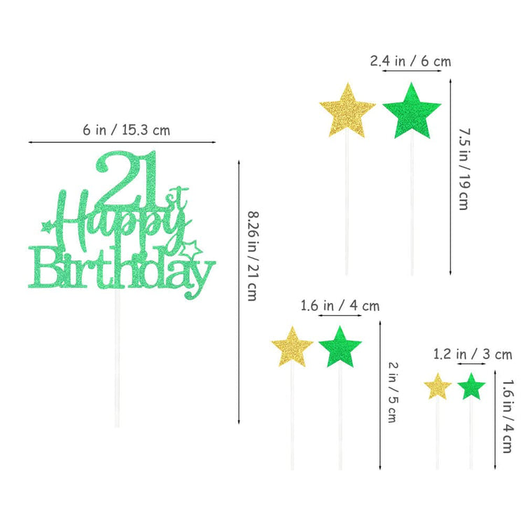 Green Gold 21st Birthday Cake Topper with Glittery Stars (7 Count)