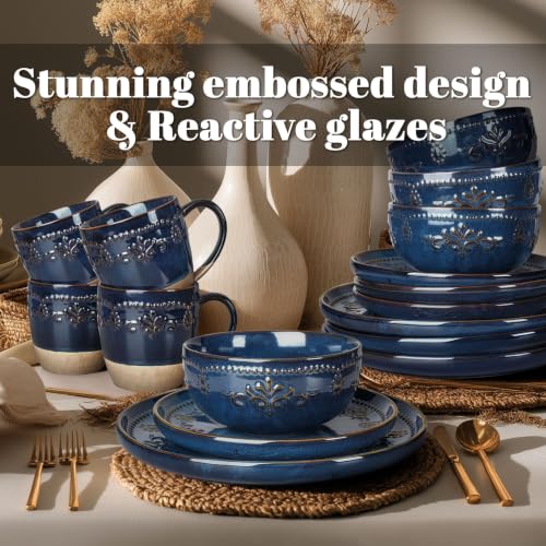 16 Piece Handcrafted Ceramic Dinnerware Set with Mugs (Damask Floral (16 Pieces) (Blue))