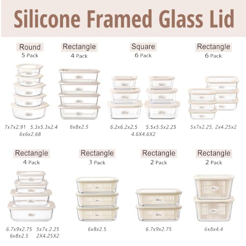 Glass Food Storage Containers with Glass Lids (Ivorywhite-3RT)