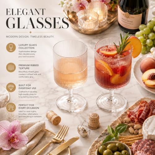 Textured Clear Glass Ribbed Modern Elegant Wine Goblets for Red White Rosé Beverages