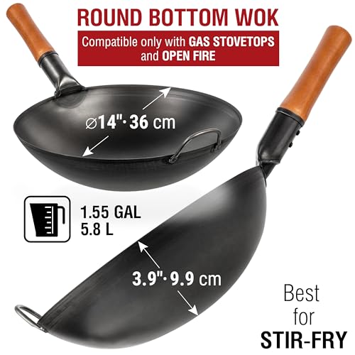 14" Black Carbon Steel Wok with Round Bottom