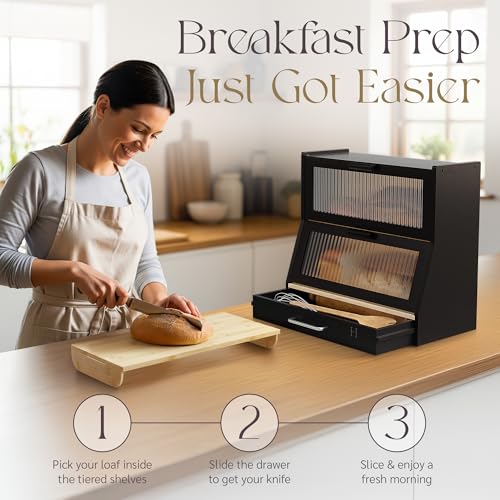 Bread Box for Kitchen Countertop (Black)