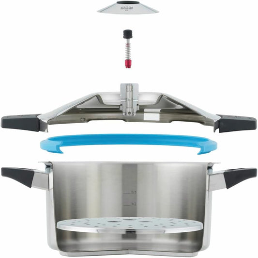 Kuhn Rikon DUROMATIC® Pressure Cooker 11” 8.45 qt family of 6 wide base for better braising, Stainless - Nestoria