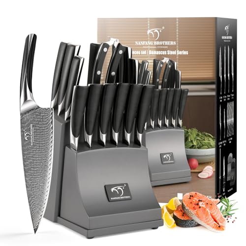 15 Piece Damascus Knife Set With Block