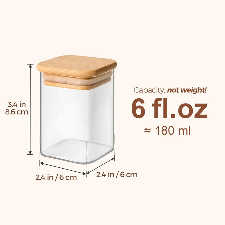 Glass Spice Jars with Labels 6 oz 16 Pack Small Square Bamboo Lids (16 Count)