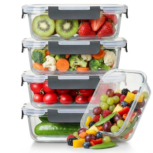 5 Pack 36oz Borosilicate Glass Food Storage Containers Set with Lids (gray)