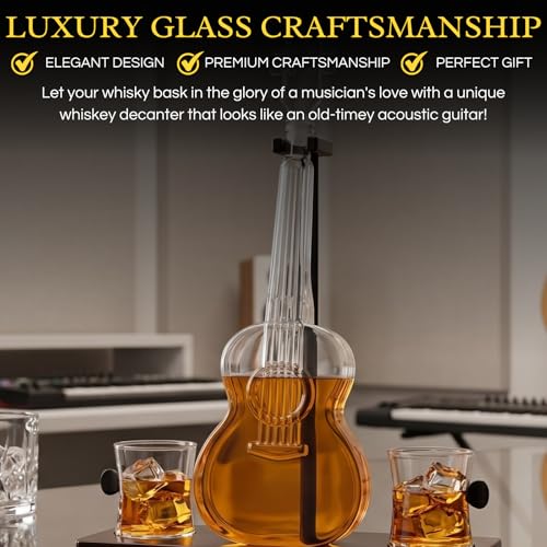 Guitar Whiskey & Wine Decanter & Mahogany Base (3 Count)