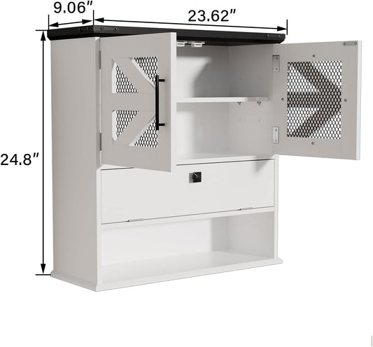Wall Mounted Bathroom Cabinet with Double Doors, Flip-Down Storage and Open Shelf, Modern White Finish, Over-The-Toilet Space Saver Cabinet