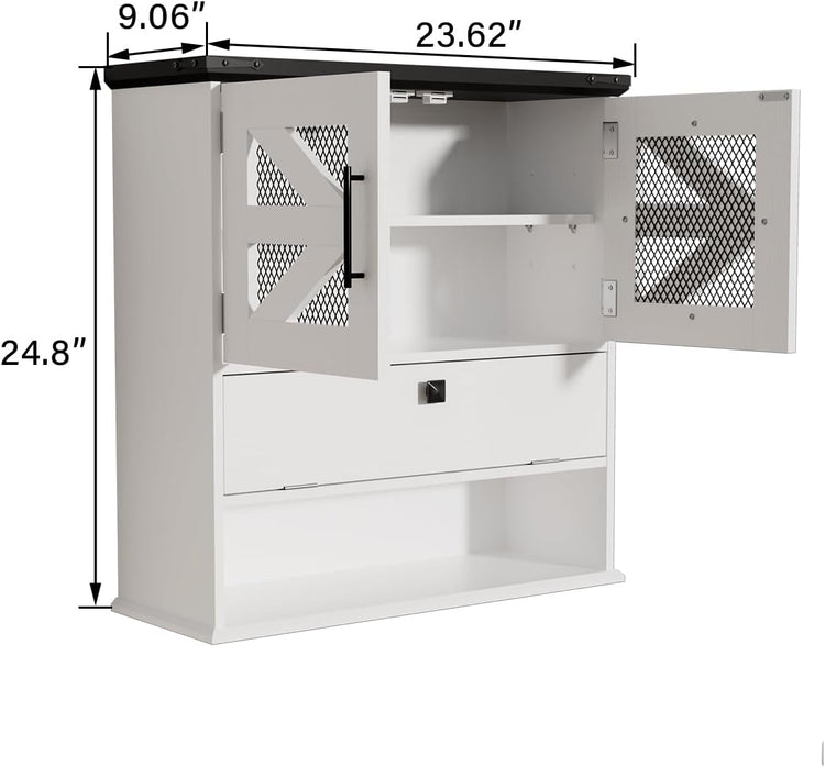 Wall Mounted Bathroom Cabinet with Double Doors, Flip-Down Storage and Open Shelf, Modern White Finish, Over-The-Toilet Space Saver Cabinet