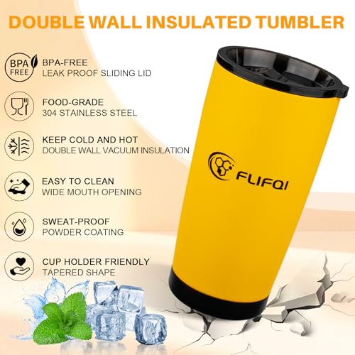 20oz Tumbler with Lid Double Wall Vacuum Insulated Travel Coffee Mug Stainless Steel Thermal Cup Powder Coated Sturdy Coffee Tumbler Gift for Hot and Cold Beverage (20 Ounces / Yellow-GIFT SET)