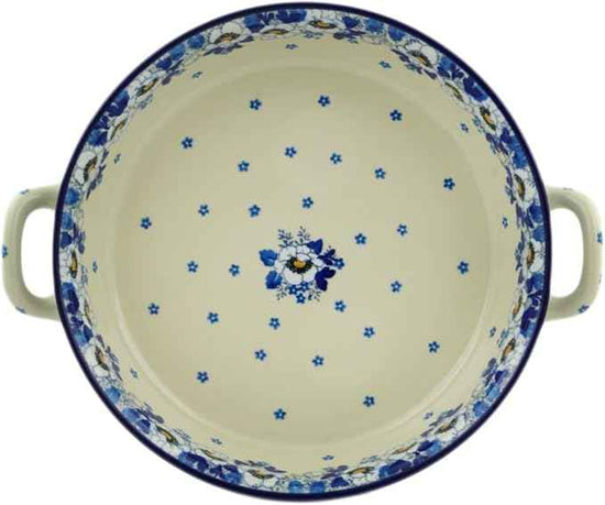Polmedia Polish Pottery Round Baker with Handles 10-inch - Blue Spring Pattern Handmade in Boleslawiec Poland by Ceramika Artystyczna + Certificate of Authenticity