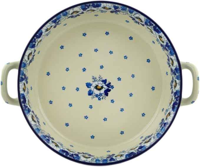 Polmedia Polish Pottery Round Baker with Handles 10-inch - Blue Spring Pattern Handmade in Boleslawiec Poland by Ceramika Artystyczna + Certificate of Authenticity