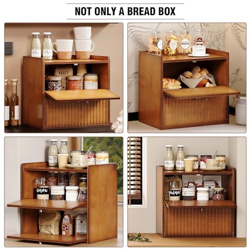 Rustic Bread Box for Kitchen Countertop Bamboo Bread Storage Container Bin Double Layer BreadBox Farmhouse Large Capacity Food Organizer (Brown)
